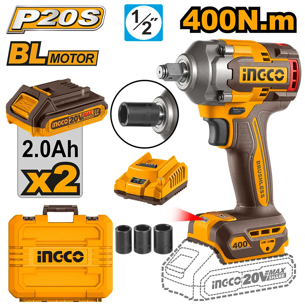 Llave impacto 1/2" 20V 400Nm BRUSHLESS Maletín 2 baterías CIWLI2040-4 INGCO
