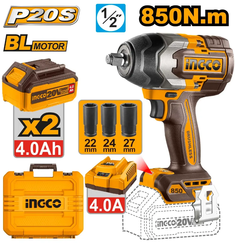Llave impacto 1/2" 20V 850nm + 2 baterías 4.0A cargador maletín BRUSHLESS CIWLI2085-4 INGCO