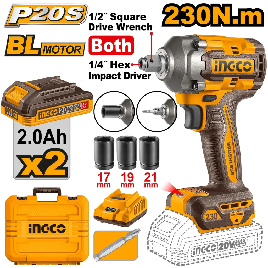 Llave y atornillador de impacto 1/2" 1/4" 20V 230nm  inalámbrico + 3 tubos 2 baterías 2.0A cargador y maletín BRUSHLESS CIWLI20236-4 INGCO