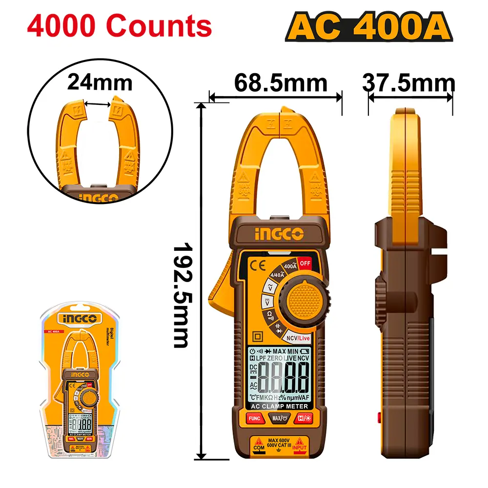 Pinza amperométrica tester digital 600V 4000 cuentas DCM62001 INGCO