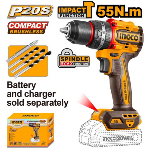 Taladro-ator percutor 20V 55nm + mechas INDUSTRIAL SOLO BRUSHLESS CIDLI205581 INGCO