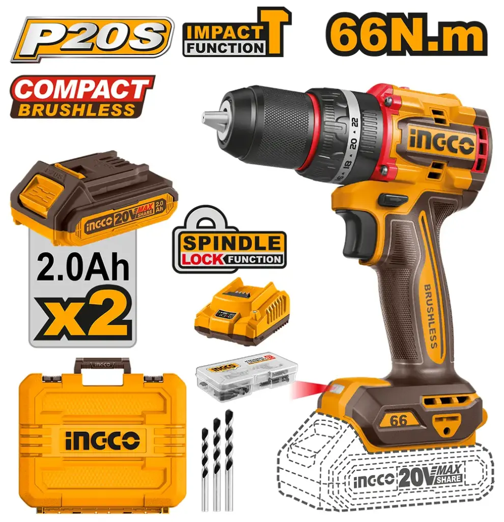 Taladro-ator Percutor 20V 13mm 66nm + 2 Baterías + Maletín BRUSHLESS CIDLI20668-4 INGCO