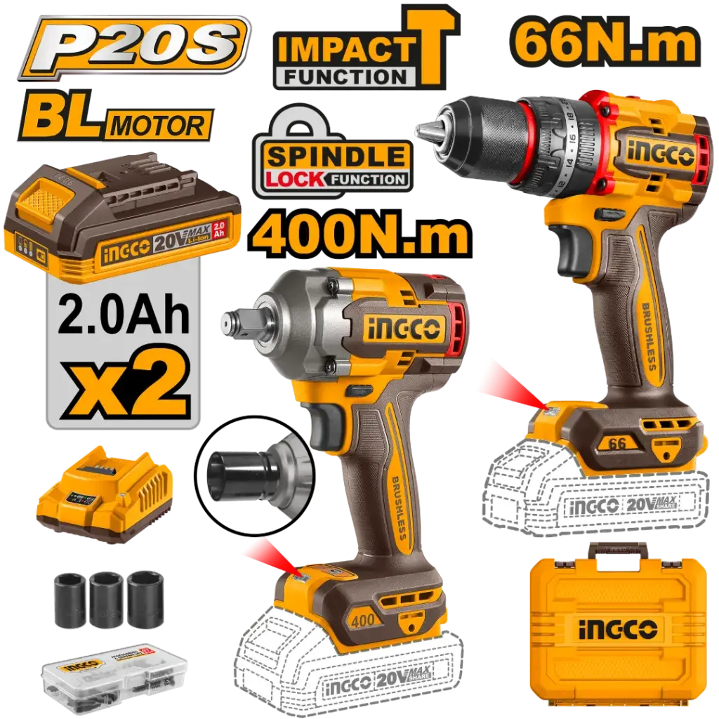 Llave Impacto 1/2" 20V 400nm+ Taladro-ator Percutor 20V 66nm + 2 baterías 2.0A BRUSHLESS CKLI20275-4 INGCO