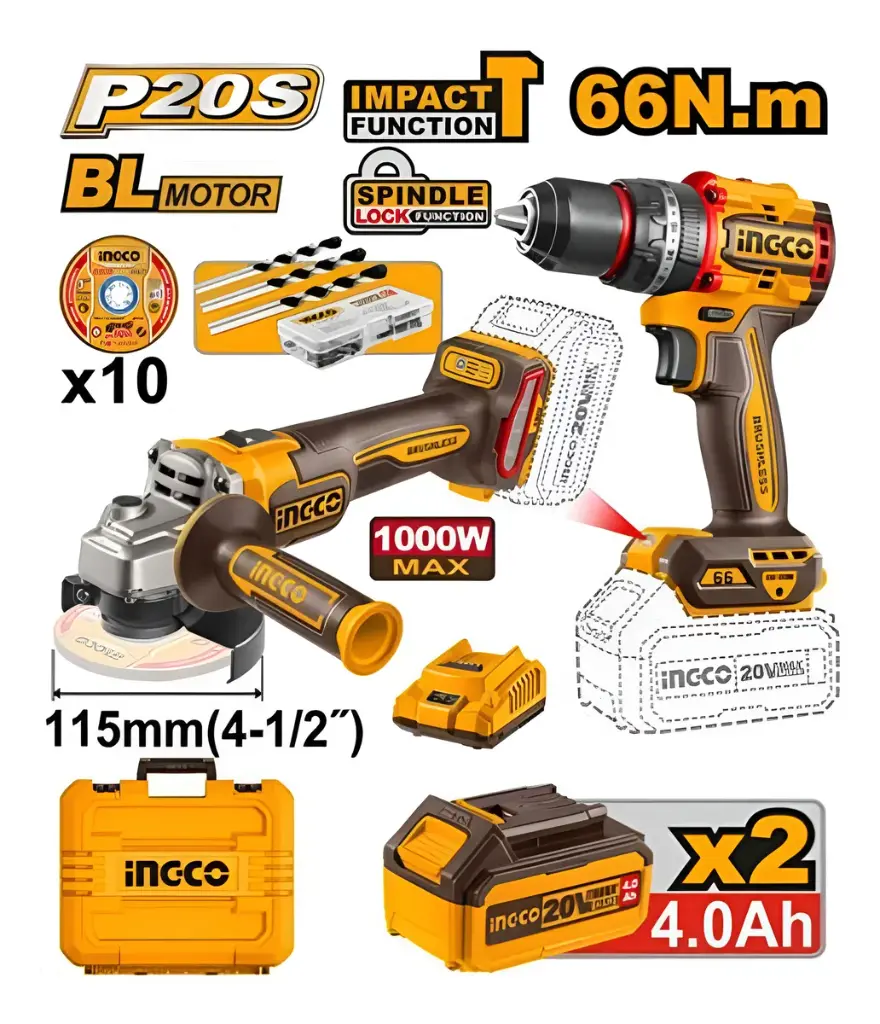 Amoladora 115mm 1000W 20V BRUSHLESS + Taladro-ator Percutor 20V 66nm BRUSHLESS + maletín kit + 2 bat 4.0A CKLI20273-4 INGCO