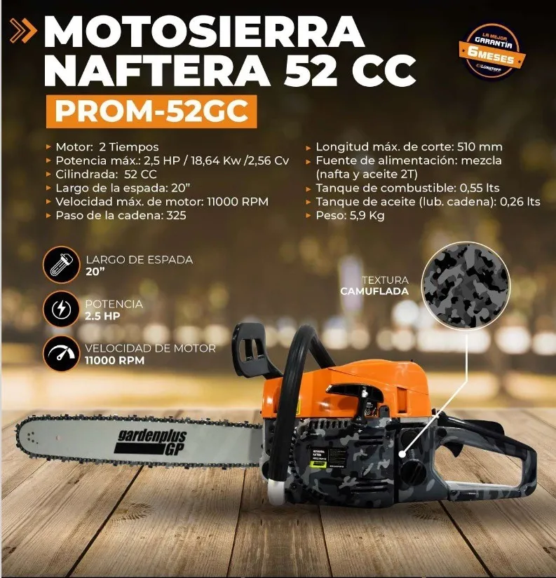 Motosierra naftera 52,0cc  510mm barra 2,5HP PROM-52 GARDEN PLUS By LUSQTOFF