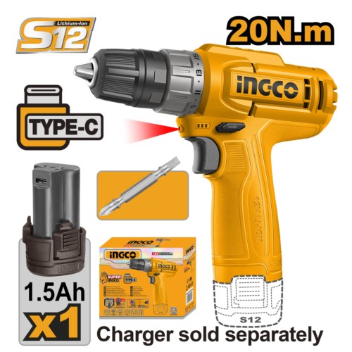 Taladro-atornillador 12V 750rpm 1 bat Type C CDLI12456 INGCO