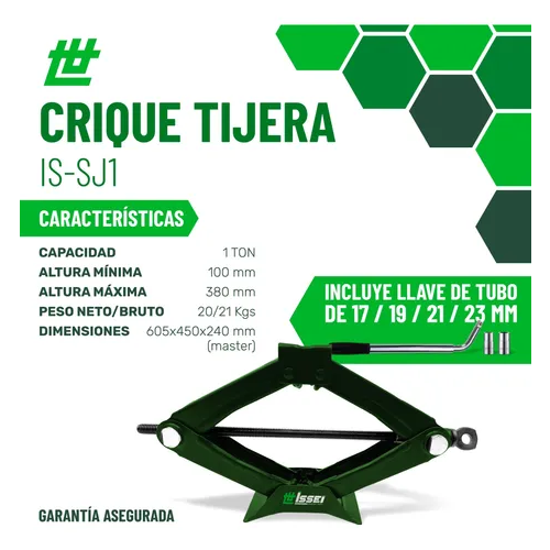 Crique tijera 1Ton p-auto + 4 tubos 17-19-21-23 100-380mm IS-SJ1 ISSEI