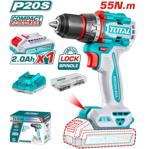 Taladro a bater  13mmD 20V 55nm cargador + batería BRUSHLESS TDLI205582-4 V2VITI229  TOTAL