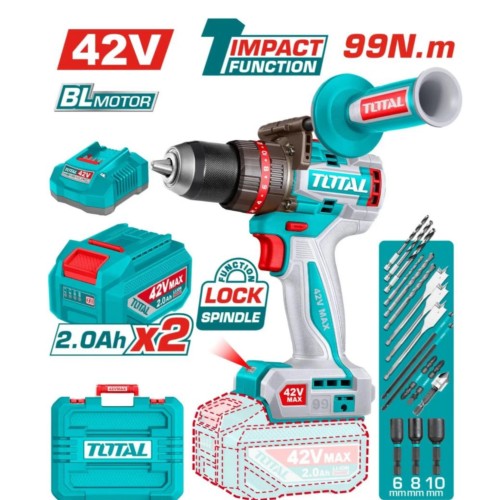 Taladro-ator Percutor 42V 13mm 99nm + 2 Baterías + Maletín BRUSHLESS V42ITI090 TIDLI429982-4 TOTAL