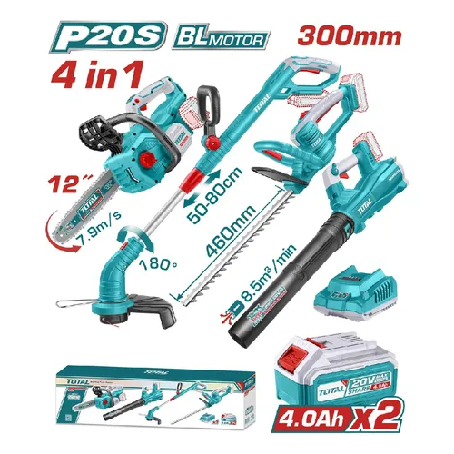 Kit jardín 20V Motosierra + Bordeadora + Cortacerco + Soplador INDUSTRIAL + 2 baterías 4.0A + Cargador TOSLI250496-4 VTAIKMBCS TOTAL