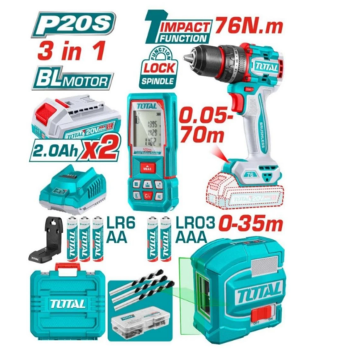 Kit Taladro-ator Percutor 13mm 76Nm 20V + 2 Baterías 20V + Maletín + Nivel Laser 35mts + Medidor Laser 70mts TOSLI250511 VTAIKTPNM TOTAL