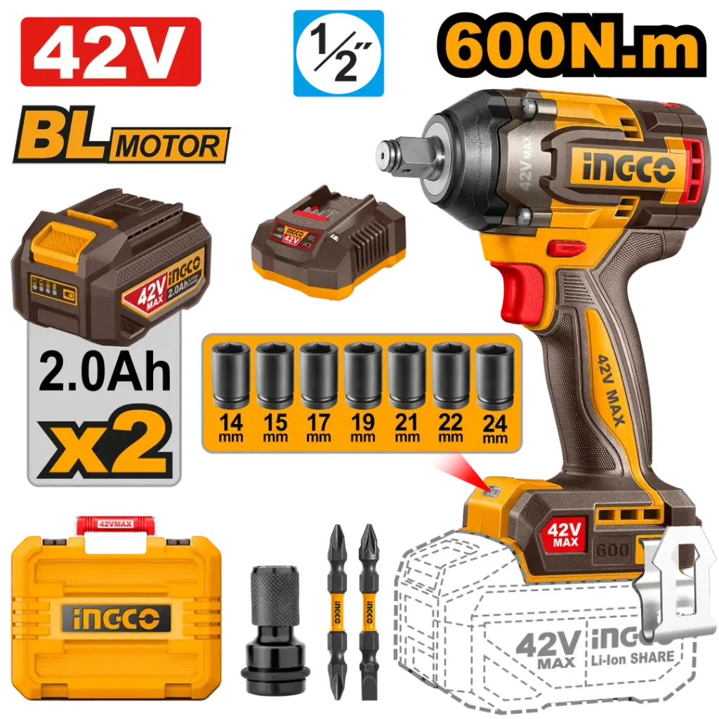Llave impacto 1/2" 42V 600nm + 2 baterías + tubos + maletín BRUSHLESS CIWLI42602-4 INGCO
