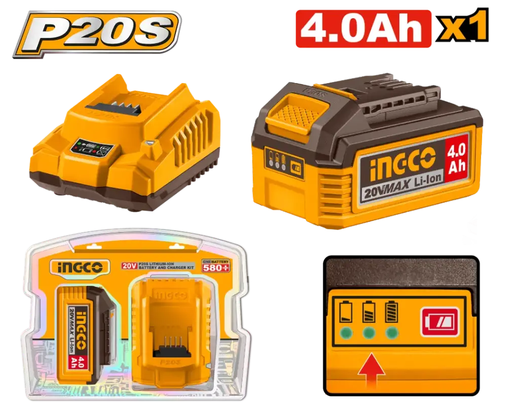 Starter Kit 1 Batería 20V 4.0A + Cargador 2.0 Ah INDUSTRIAL FBCPK1012-4 INGCO