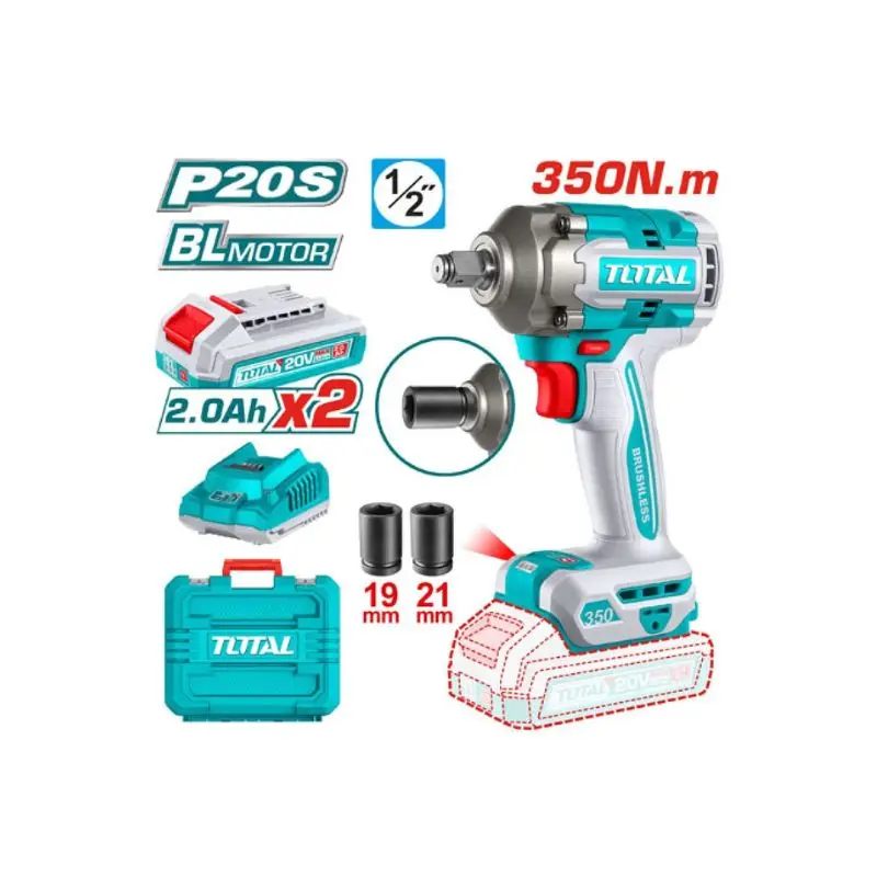Llave impacto 1/2" 20V 350nm + 2 bat+cargador+maletín+2 tubos BRUSHLESS TIWLI2035 V2VILI150 TOTAL