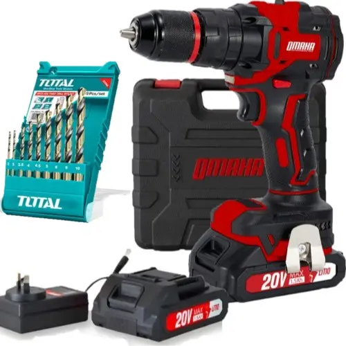 Combo mechas TOTAL HSS + Taladro-ator Percutor 10mm metálico 18V 45Nm + 2 Bat + Cargador + Maletin BRUSHLESS TBAT-20MK OMAHA