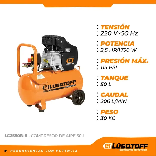 Compresor de aire 50 litros 2.5 HP 2 canillas LC2550B-8 LUSQTOFF