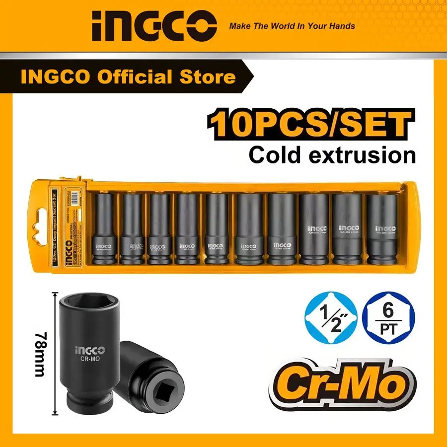 Set 10 bocallaves tubos alto impacto 10-24mm Largos + estuche CR-Mo HKISSD12102 INGCO