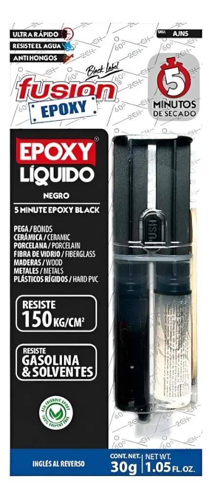 Adhesivo Epoxy liquido Jeringa Negro 5 Min X 30 Gr FUADSASA4031 FUSION EPOXY