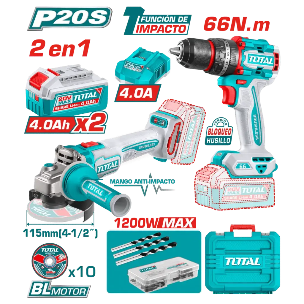 Taladro-ator Percutor 20V 13mm 66nm + Amoladora 115mm 4_1/2" 1200W 20V + 2 Baterías 4.0A + Maletín acc BRUSHLESS TCKLI20256-4 VTAIKTPAA TOTAL