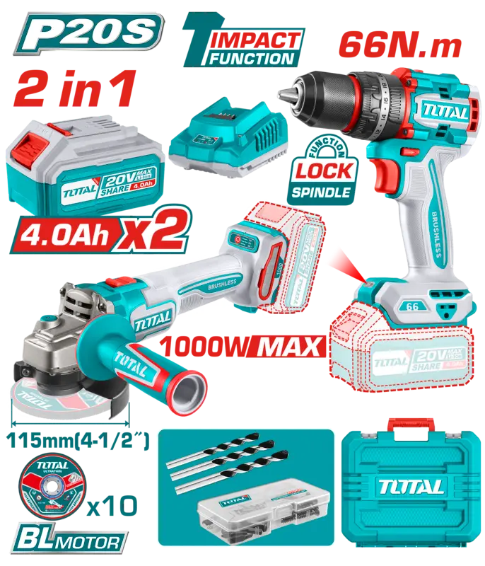 Taladro-ator Percutor 20V 13mm 66nm + Amoladora 115mm 4_1/2" 1000W 20V + 2 Baterías 4.0A + Maletín acc BRUSHLESS TCKLI20273-4 VTAIKTPAA TOTAL