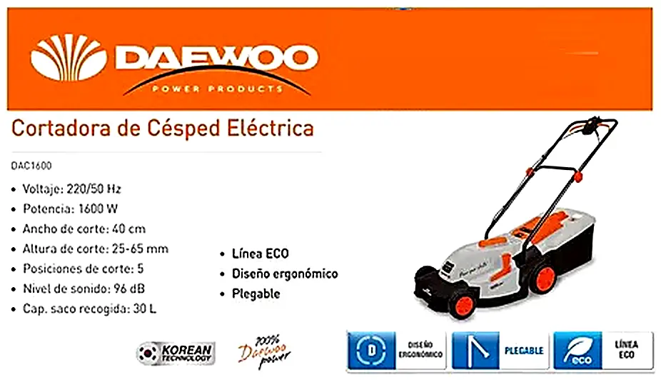 Cortadora de césped eléctrica 1600W 40cms DAC1600 DAEWOO