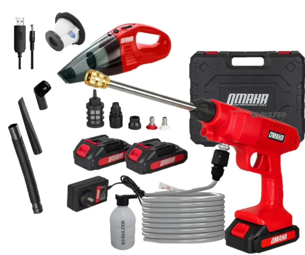 Combo Aspiradora Litio USB + Hidrolavadora inalámbrica 25Bar 280W 20V + maletín 2 baterías Litio HAB-20 OMAHA