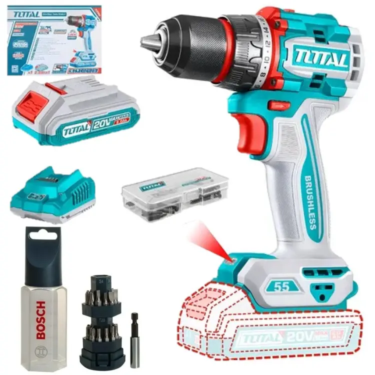 Combo puntas BOSCH + Taladro a bater  13mmD 20V 55nm cargador + batería BRUSHLESS TDLI205582-4 V2VITI229  TOTAL