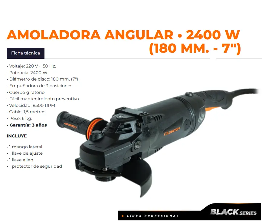 Amoladora angular 180mm 7" 2400W BLACK SERIES AML2400-9 LUSQTOFF