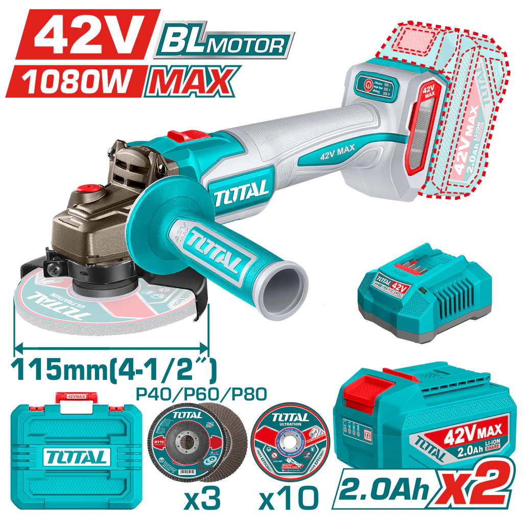 Amoladora inalámbrica 115mm 4_1/2" 42V+ 2 baterías 2.0A + tubos + maletín BRUSHLESS TAGLI4108112-4 V42IAM100 TOTAL
