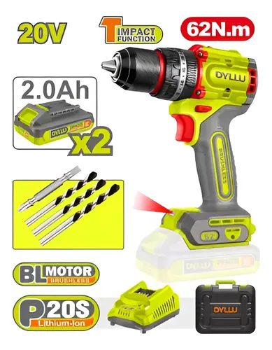 Taladro Percutor Inalambrico 13mm 2000rpm 20V 62nm (CARGADOR Y 2 BATERIAS) BRUSHLESS DTCDP6281-4 DI20TP600 DYLLU