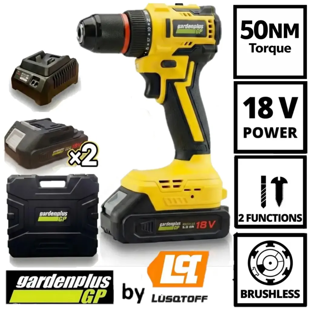 Taladro-atornillador 10mm 18V 50nm + 2 Baterías maletín BRUSHLESS GPT45-7BK GARDEN PLUS by LUSQTOFF