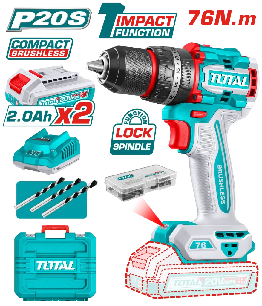 Taladro-ator Percutor 13mm 76Nm 20V + maletín 2 Baterías TIDLI20768-4 V2VITI270 TOTAL