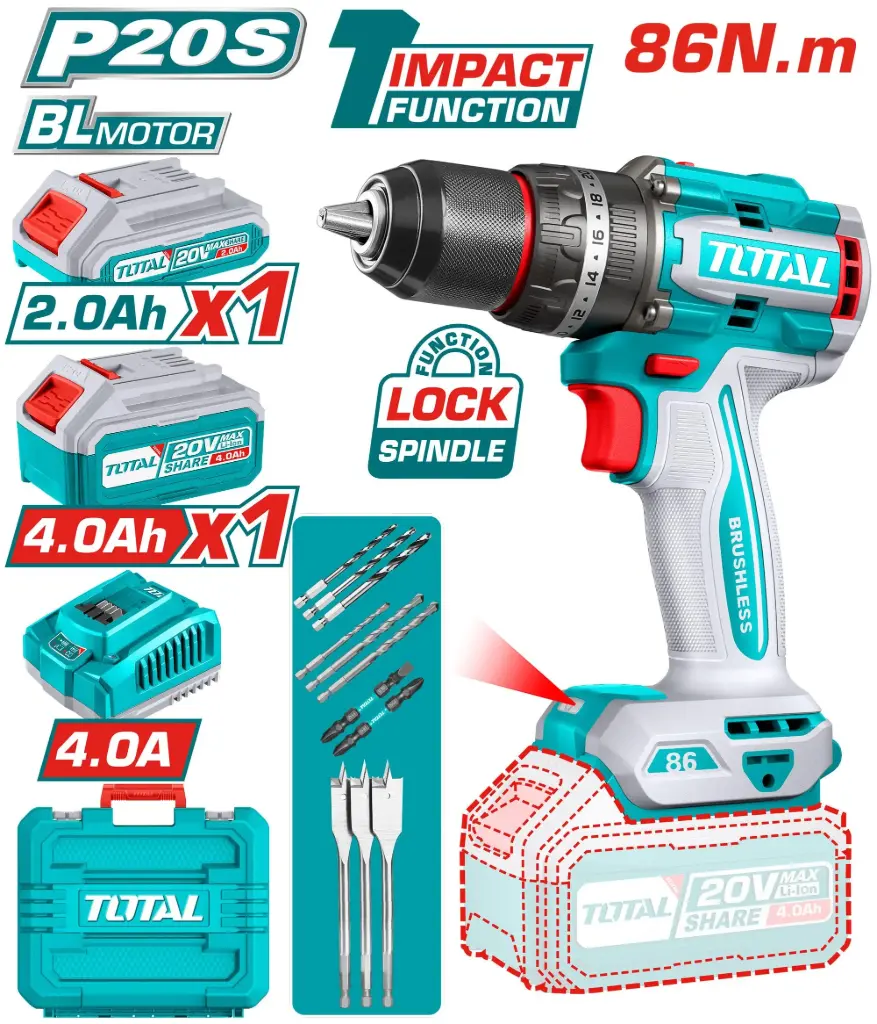 Taladro-ator Percutor 13mm 86Nm 20V + maletín 2 Baterías TIDLI20868-4 V2VITI280 TOTAL