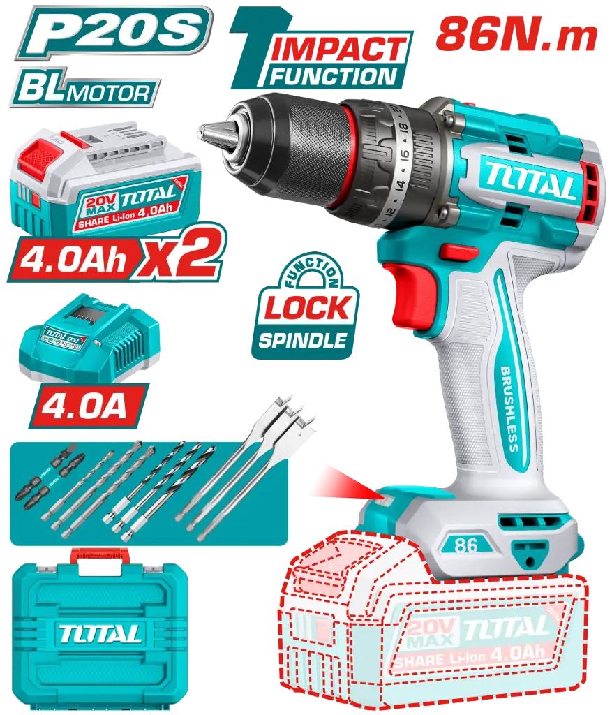Taladro-ator Percutor 13mm 86Nm 20V + maletín 2 Baterías 4.0A TIDLI208682-4 V2VITI282 TOTAL