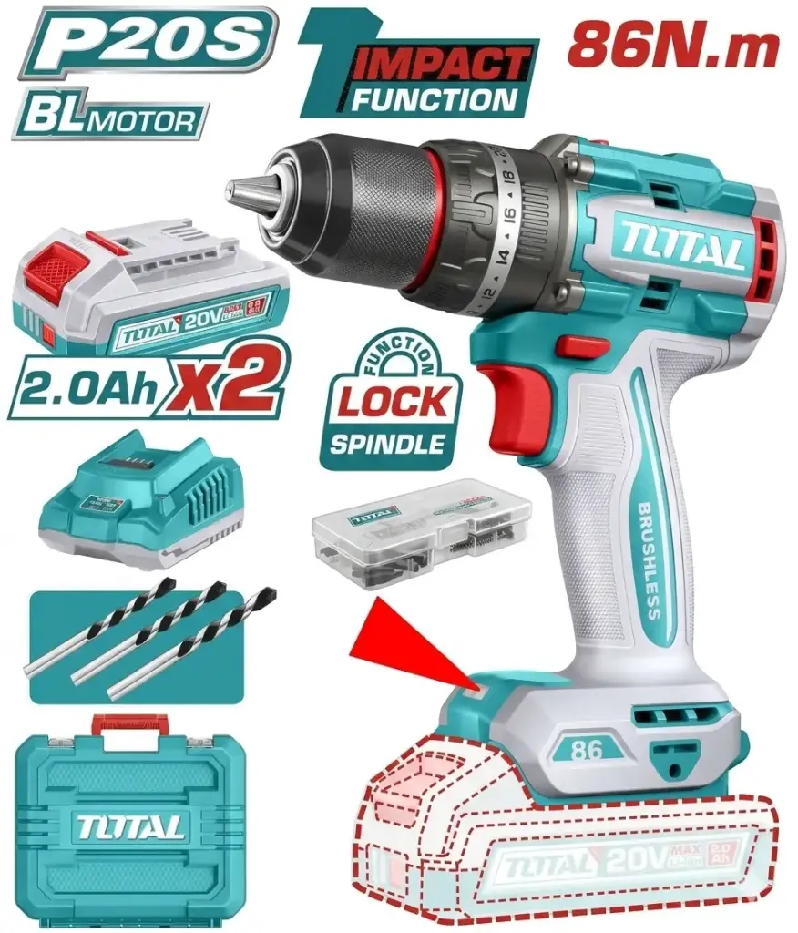 Taladro-ator Percutor 13mm 86Nm 20V + maletín 2 Baterías 2.0A TIDLI208687-4 V2VITI281 TOTAL