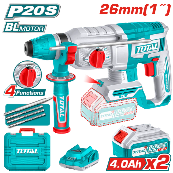 Rotomartillo a bater 20V  26mmD SDS PLUS BRUSHLESS + kit Maletín 2 baterías 4.0A TRHLI202682-4 V2VIMR262 TOTAL