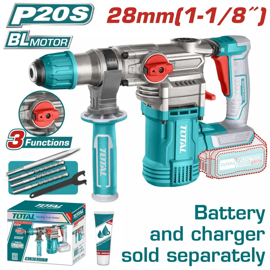 Rotomartillo a bater 20V  28mmD SDS PLUS BRUSHLESS TRHLI20288 V2VIMR280 TOTAL