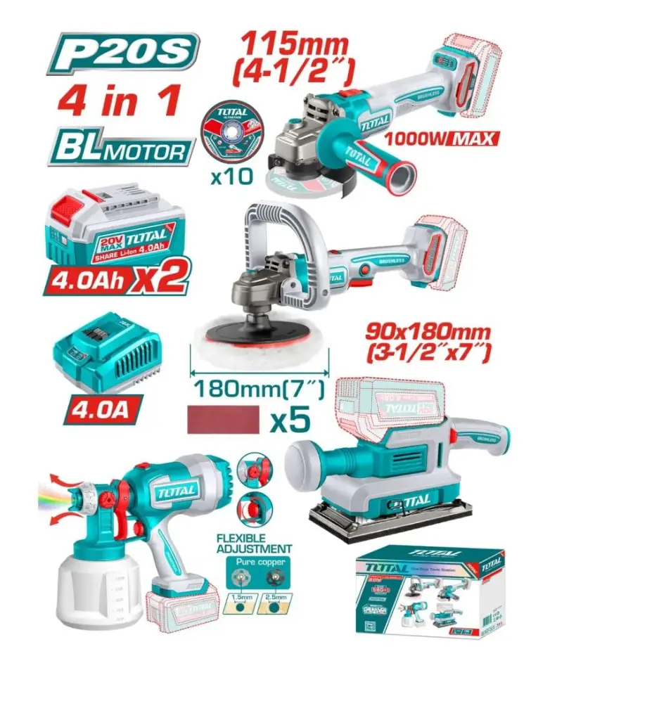 Kit inalámbrico Amoladora + pulidora + lijadora + equipo de pintar +2 baterías 20V 4.0A TOSLI250696-4 VTAIKAPEL TOTAL