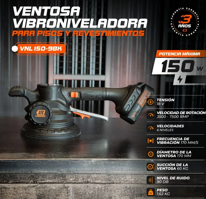 Ventosa vibradora niveladora porcelanato + 2 baterías 2.0A VNL150-9BK LUSQTOFF