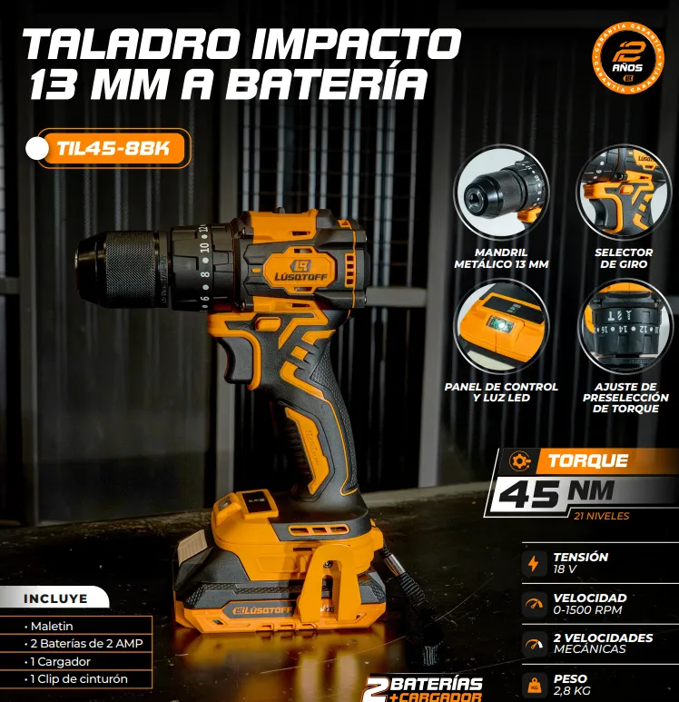 Taladro-atorn c-percutor 13mm 18V 45nm + 2 bat maletín BRUSHLESS TIL45-8BK LUSQTOFF