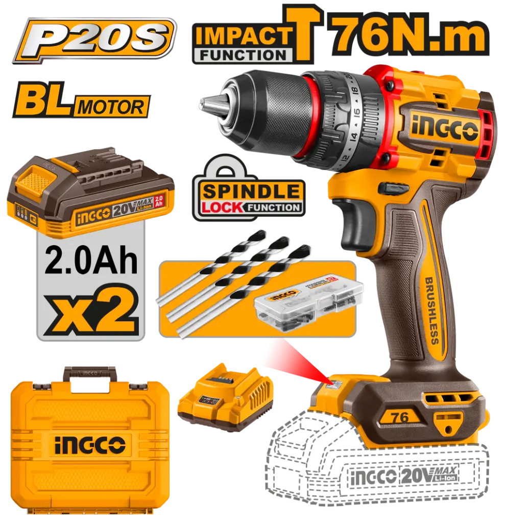 Taladro-ator Percutor 20V 13mm 76nm + 2 baterías 2.0A + maletín BRUSHLESS CIDLI20768-4 INGCO