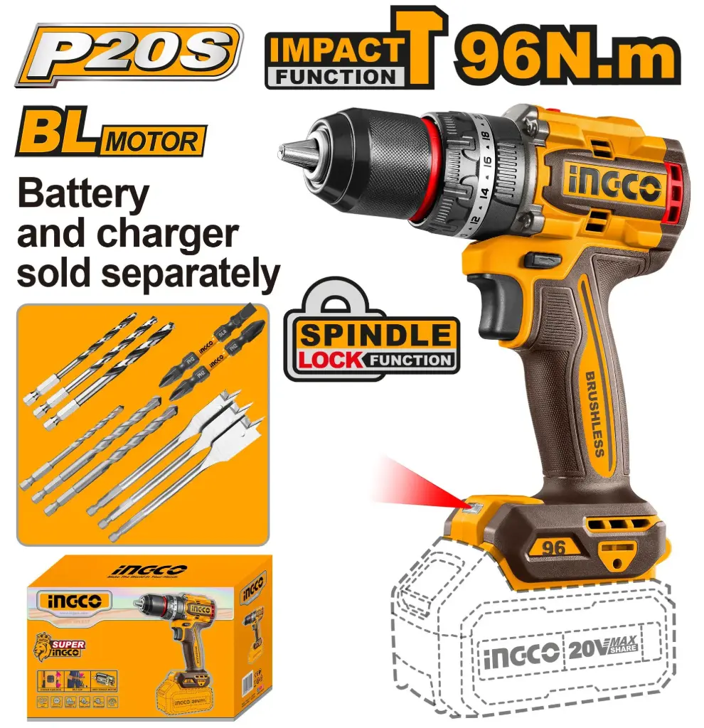 Taladro-Percutor inalambrico 20V 96NM 2000 rpm INDUSTRIAL BRUSHLESS SOLO CIDLI209681 INGCO
