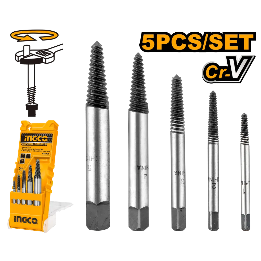 Set de 5 Mechas Extractor de tornillos INDUSTRIAL ASE008 INGCO