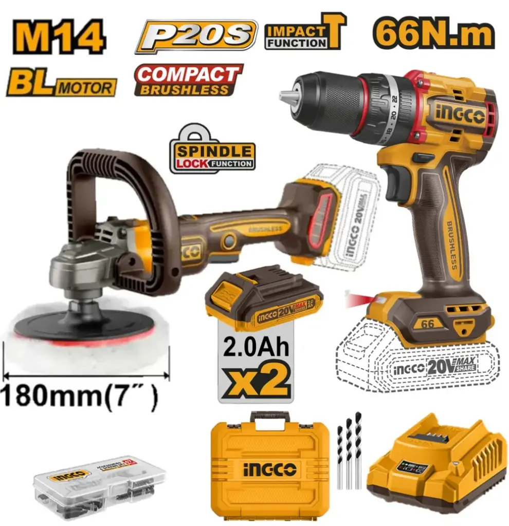 Combo Pulidora angular 180mm 20V BL APLI2018 + Taladro-ator Percutor 20V 13mm 66nm + 2 Baterías + Maletín BRUSHLESS CIDLI20668-4 INGCO