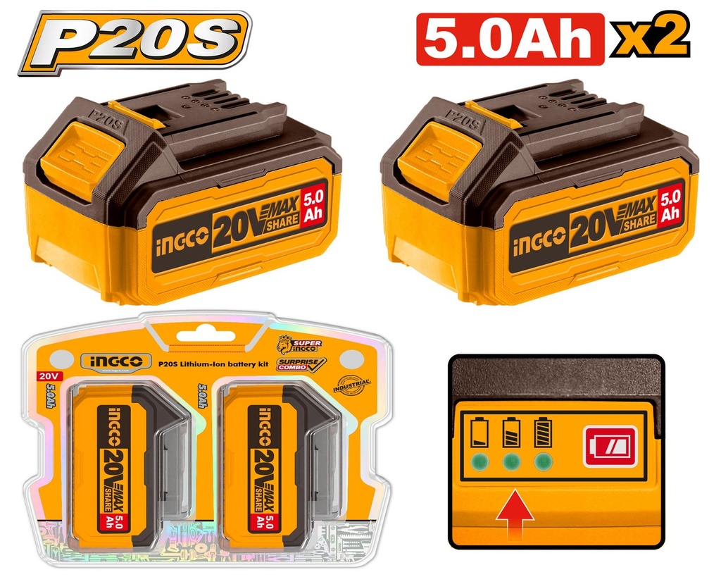 Kit 2 Baterías 20V 5.0Ah Lithium-Ion COSLI240464 INGCO