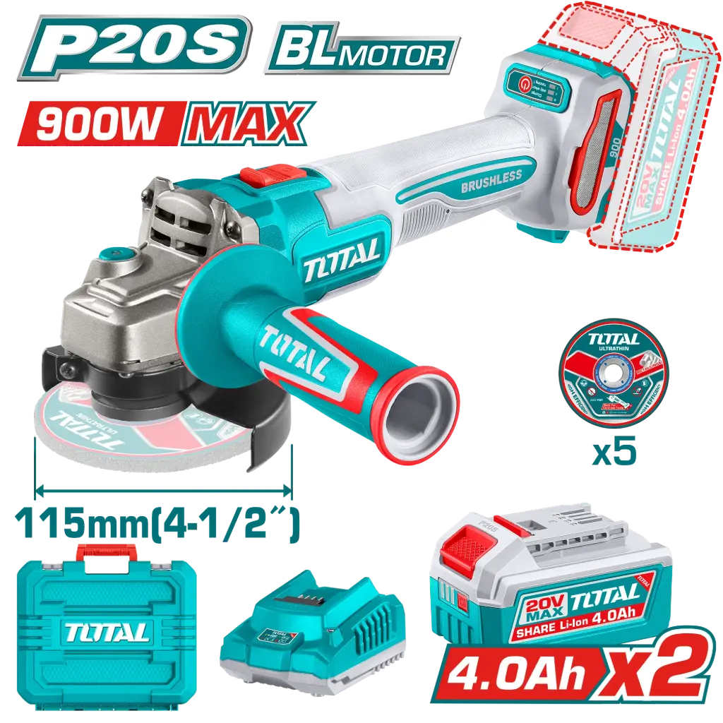 Amoladora angul a bateria D115 20V  900W BRUSHLESS + maletín cargador 2 bat 4.0A TAGLI261522-4 V2VIAM110 TOTAL
