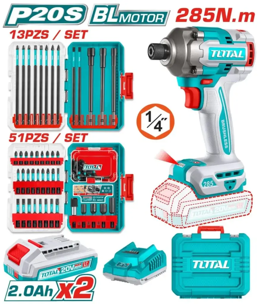 Atornillador impacto 20V 1/4" 285NM + 2 Sets, 2 bat 2.0A,  cargador BRUSHLESS TOSLI250784-4 VTAIKAI2S TOTAL