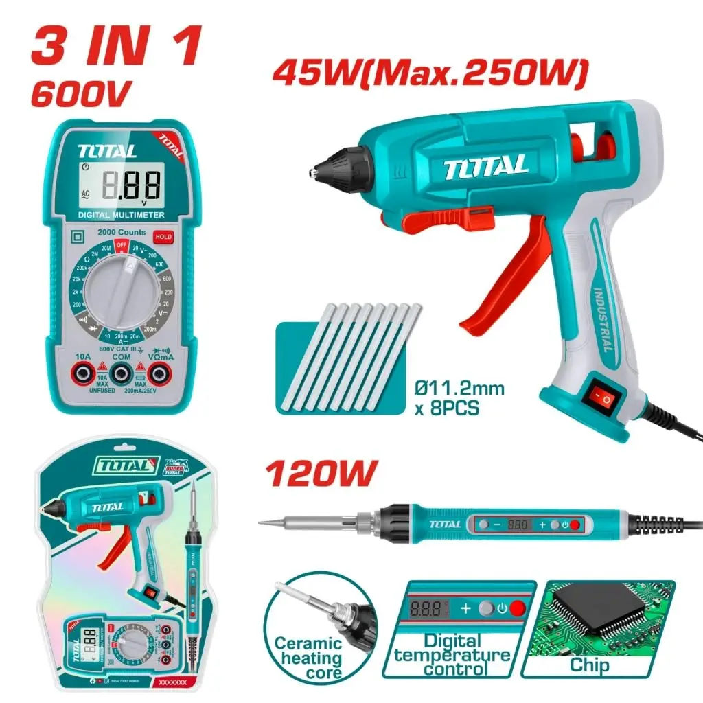 Combo electricista Pistola de Pegar TT401116 + Soldador estaño 120W TET01610 + Tester digital 600V True RMS TMT5360011 - TTCK250716 VKEI0PPSM TOTAL