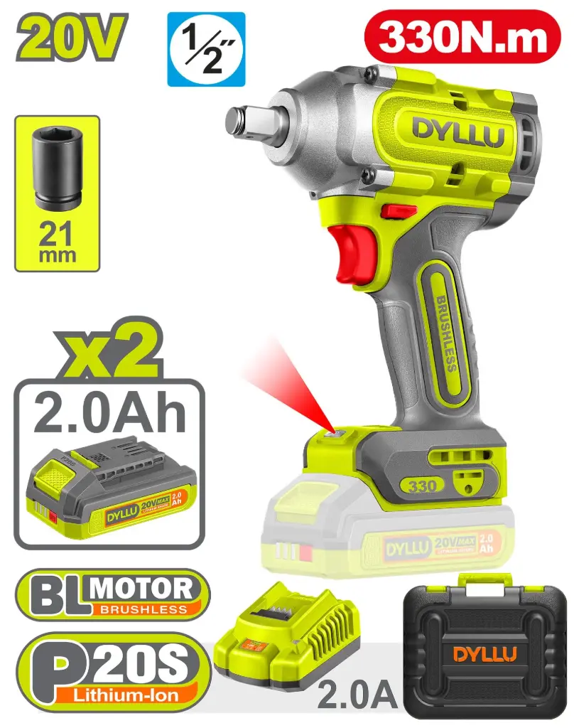Llave Impacto 1/2" 330Nm 20V + Maletín, 2 baterías 2.0A, cargador BRUSHLESS DTCD1B33-4 DI20LI301 DYLLU