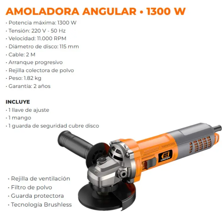 Amoladora 115mm 4_1/2" 1300W arranque progresivo uso pesado BRUSHLESS AML1300B-8 LUSQTOFF